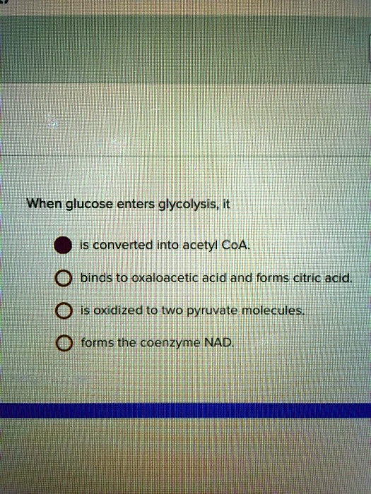 When glucose enters glycolysis, it
is converted into acetyl CoA.
binds to oxaloacetic acid and forms citric acid.
is oxidized to two pyruvate molecules.
forms the coenzyme NAD.