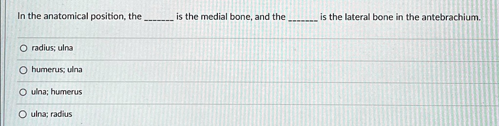 In the anatomical position, the ulna is the medial bone, and the radius ...