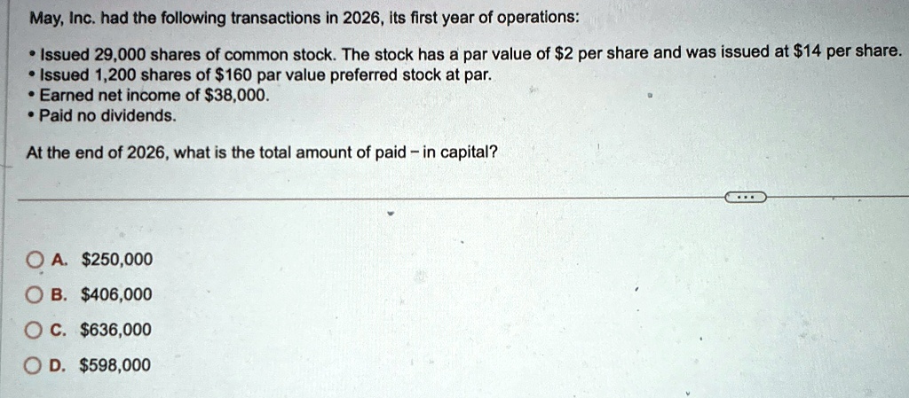 may inc had the following transactions in 2026 its first year of operations issued 29000 shares of common stock the stock has a par value of 2 per share and was issued at 14 per share issued 87876