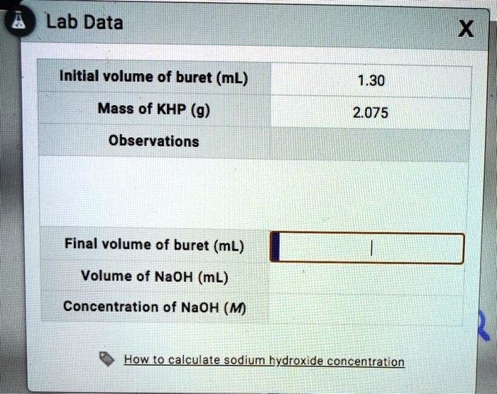 SOLVED: Lab Data Initial volume of buret (mL) Mass of KHP (g ...