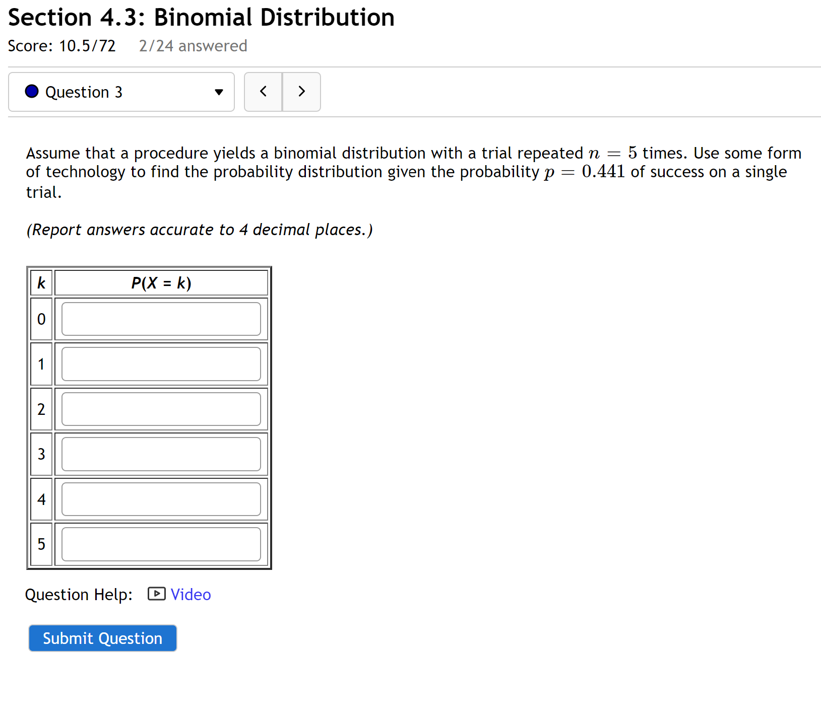 Assume that a procedure yields a binomial distribution with a trial repeated n = 5 times. Use some form of technology to find the probability distribution given the probability p = 0.441 of success on a single trial.

(Report answers accurate to 4 decimal places.)

k | P(X = k)
0 |
1 |
2 |
3 |
4 |
5 |