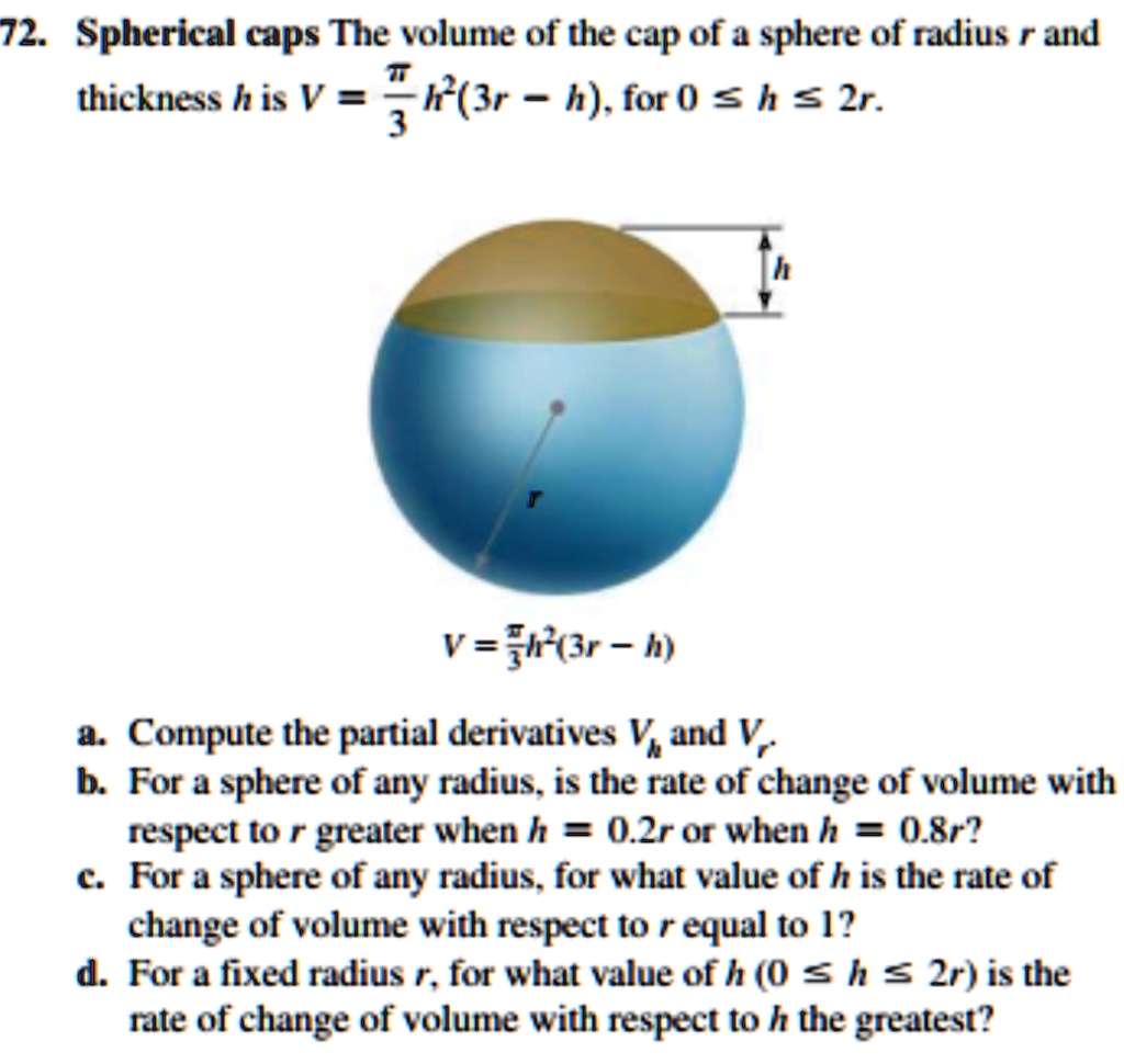 SOLVED: 72. Spherical caps The volune of the cap of # sphere of radius ...