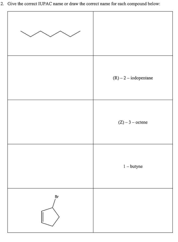 SOLVED: Give the correct IUPAC name or draw the correct name for each ...