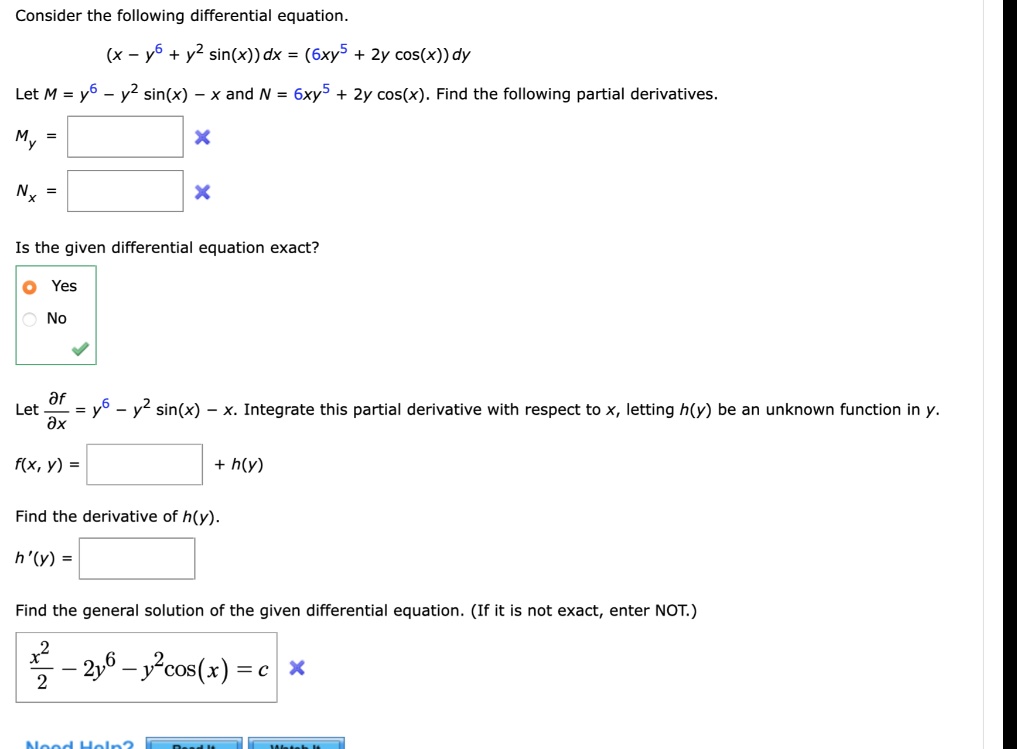 Solved Consider The Following Differential Equation Y6 Y2 Sinx Dx 6xy5 2y Cosx