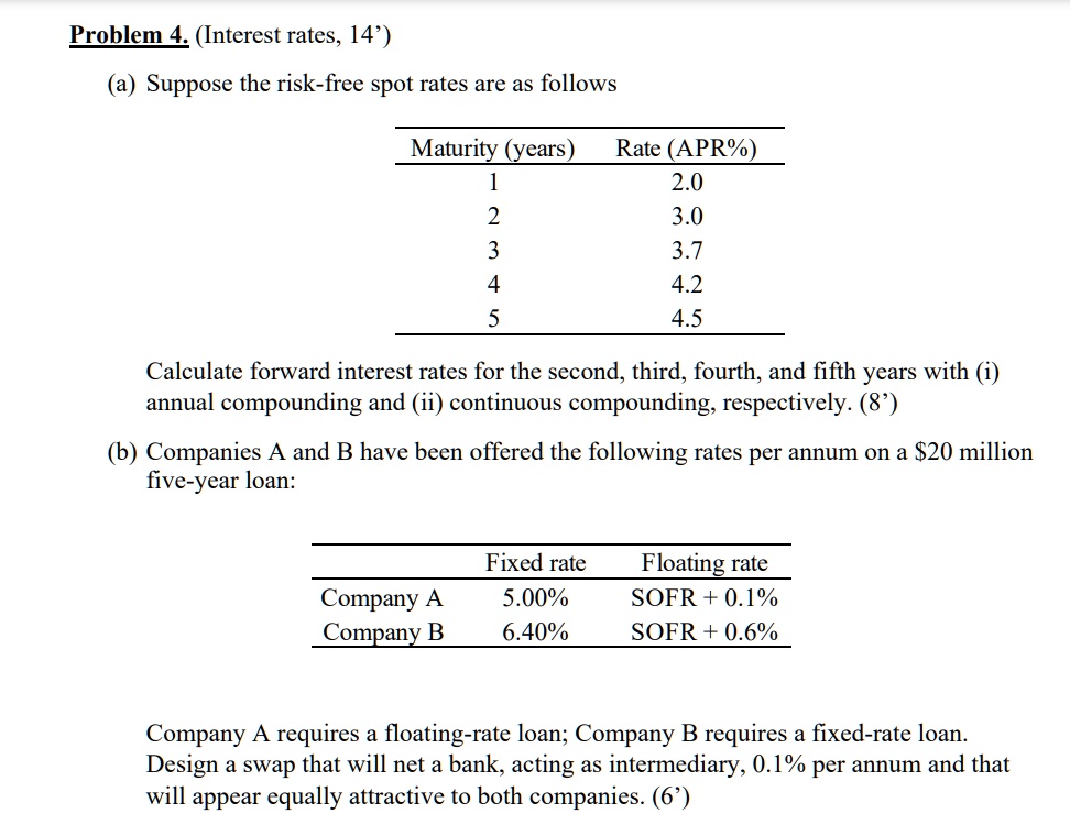 Problem 4. (Interest rates, 14')
(a) Suppose the risk-free spot rates are as follows
Maturity (years)
Rate (APR%)
1
2.0
2
3.0
3
3.7
4
4.2
5
4.5
Calculate forward interest rates for the second, third, fourth, and fifth years with (i)
annual compounding and (ii) continuous compounding, respectively. (8')
(b) Companies A and B have been offered the following rates per annum on a 20 million
five-year loan:
Fixed rate
Floating rate
Company A
5.00%
SOFR + 0.1%
Company B
6.40%
SOFR + 0.6%
Company A requires a floating-rate loan; Company B requires a fixed-rate loan.
Design a swap that will net a bank, acting as intermediary, 0.1% per annum and that
will appear equally attractive to both companies. (6')