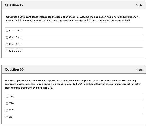 Question 19 4 pts Construct a 90% confidence interval for the ...