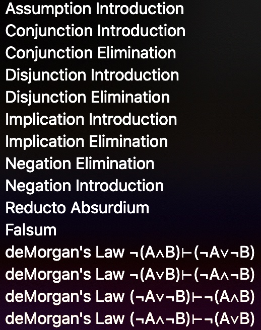 Solved Assumption Introduction Conjunction Introduction Conjunction Elimination Disjunction Introduction Disjunction Elimination Implication Introduction Implication Elimination Negation Elimination Negation Introduction Reducto Absurdium Falsum