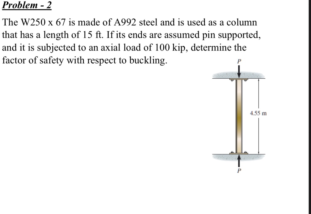 problem 2 the w250 x 67 is made of a992 steel and is used as a column that has a length of 15 ft if its ends are assumed pin supported and it is subjected to an axial load of 100 kip determi 69763
