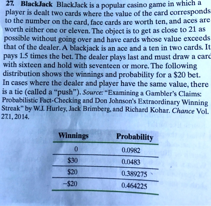 27. BlackJack BlackJack is a popular casino game in which a player is dealt two cards where the value of the card corresponds to the number on the card, face cards are worth ten, and aces are worth either one or eleven. The object is to get as close to 21 as possible without going over and have cards whose value exceeds that of the dealer. A blackjack is an ace and a ten in two cards. It pays 1.5 times the bet. The dealer plays last and must draw a card with sixteen and hold with seventeen or more. The following distribution shows the winnings and probability for a 20 bet. In cases where the dealer and player have the same value, there is a tie (called a "push"). Source: "Examining a Gambler's Claims: Probabilistic Fact-Checking and Don Johnson's Extraordinary Winning Streak" by W.J. Hurley, Jack Brimberg, and Richard Kohar. Chance Vol. 27.1, 2014.

Winnings
Probability
0
0.098230
0.0483
20
0.389275
-20
0.464225