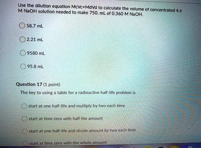 Use the dilution equation McVcMdVd to calculate M Na… SolvedLib