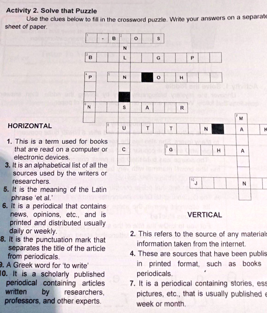 SOLVED: use the clues below to fill in the crossword puzzle Activity 2