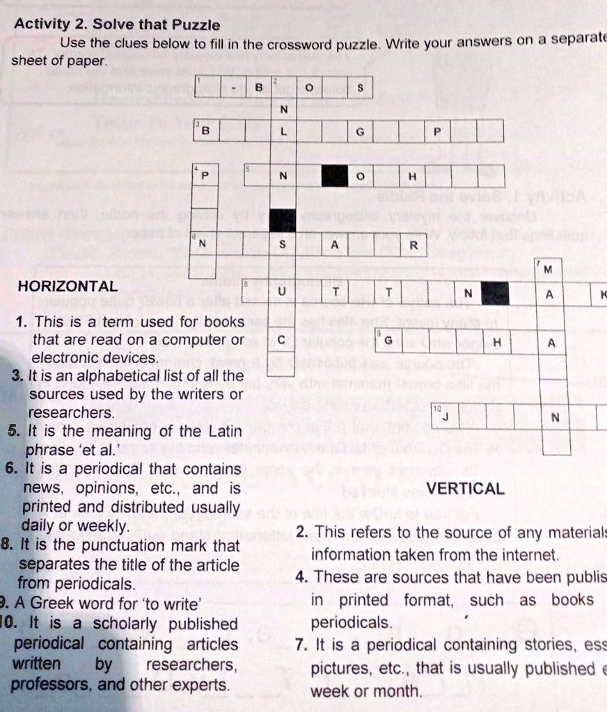 SOLVED: "use The Clues Below To Fill In The Crossword Puzzle Activity 2 ...