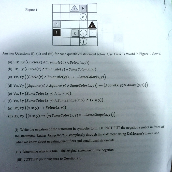 (a) ?x, ?y (Circle(x) ? Triangle(y) ? Below(x,y))
(b) ?x, ?y (Circle(x) ? Triangle(y) ? SameColor(x,y))
(c) ?x, ?y ((Circle(x) ? Triangle(y)) ? ¬SameColor(x,y))
(d) ?x, ?y ((Square(x) ? Square(y) ? SameColor(x,y)) ? (Above(x,y) ? Above(y,x)))
(e) ?x, ?y (SameColor(x,y) ? (x ? y))
(f) ?x, ?y (SameColor(x,y) ? SameShape(x,y) ? (x ? y))
(g) ?x, ?y ((x ? y) ? Below(x,y))
(h) ?x, ?y ((x ? y) ? (¬SameColor(x,y) ? ¬SameShape(x,y)))