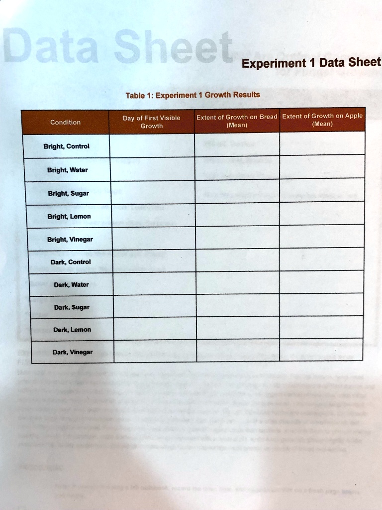 SOLVED: Data Sheet Experiment Data Sheet Table 1: Experiment Growth ...