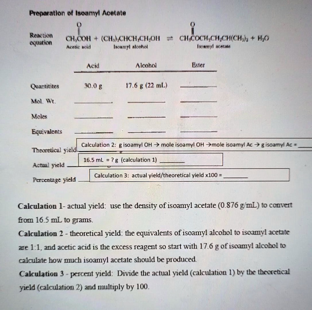 SOLVED Preparation of Isoamyl Acetate Reaction equation CH3COOH