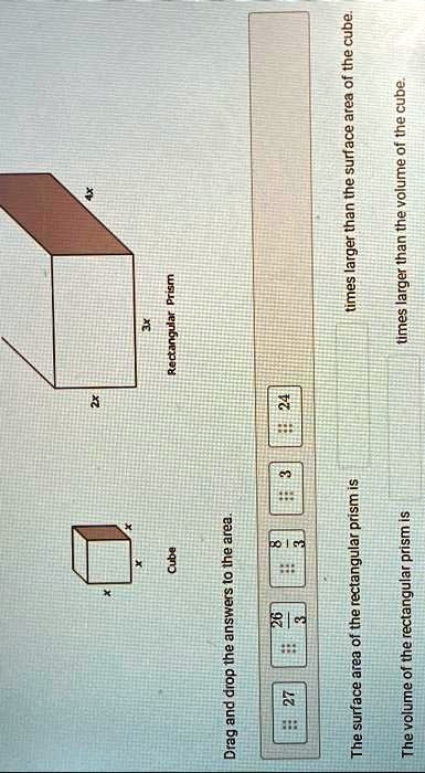 x
Cube
Drag and drop the answers to the area.
27
26
3
8
3
3
24
3x
Rectangular Prism
4x
The surface area of the rectangular prism is
The volume of the rectangular prism is
times larger than the surface area of the cube.
times larger than the volume of the cube.