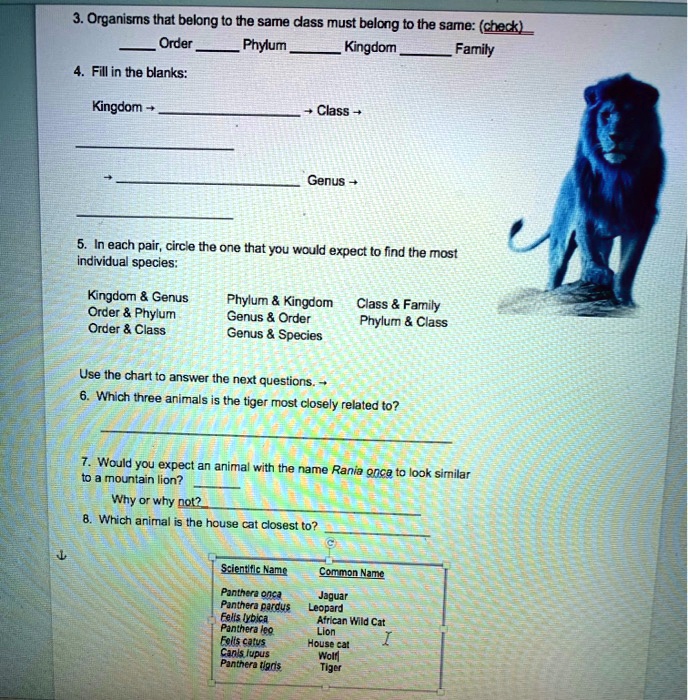 3. Organisms that belong to the same class must belong to...
