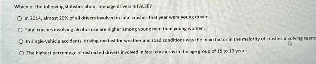 Which of the following statistics about teenage drivers is FALSE?
In 2014, almost 20% of all drivers involved in fatal crashes that year were young drivers
Fatal crashes involving alcohol use are higher among young men than young women.
In single-vehicle accidents, driving too fast for weather and road conditions was the main factor in the majority of crashes involving teens
The highest percentage of distracted drivers involved in fatal crashes is in the age group of 15 to 19 years