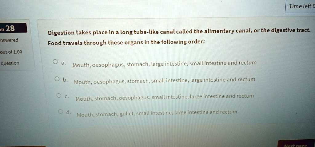Digestion takes place in a long tube-like canal called the alimentary canal, or the digestive tract.
Food travels through these organs in the following order:
a. Mouth, oesophagus, stomach, large intestine, small intestine and rectum
b. Mouth, oesophagus, stomach, small intestine, large intestine and rectum
c. Mouth, stomach, oesophagus, small intestine, large intestine and rectum
d. Mouth, stomach, gullet, small intestine, large intestine and rectum