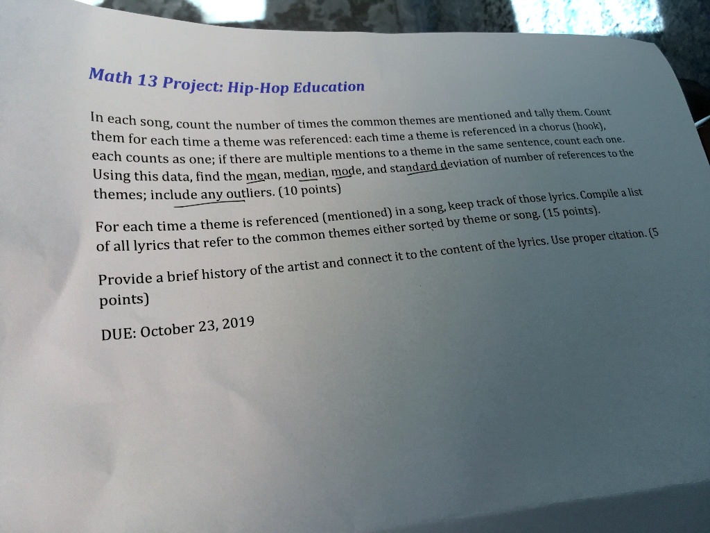 Solved Math 13 Project Hip Hop Education In Each Mentioned And Tally Them Count Song Count The Number Of Times The Common Themes Are Referenced Chorus Hook Them For Each Time A Theme Was