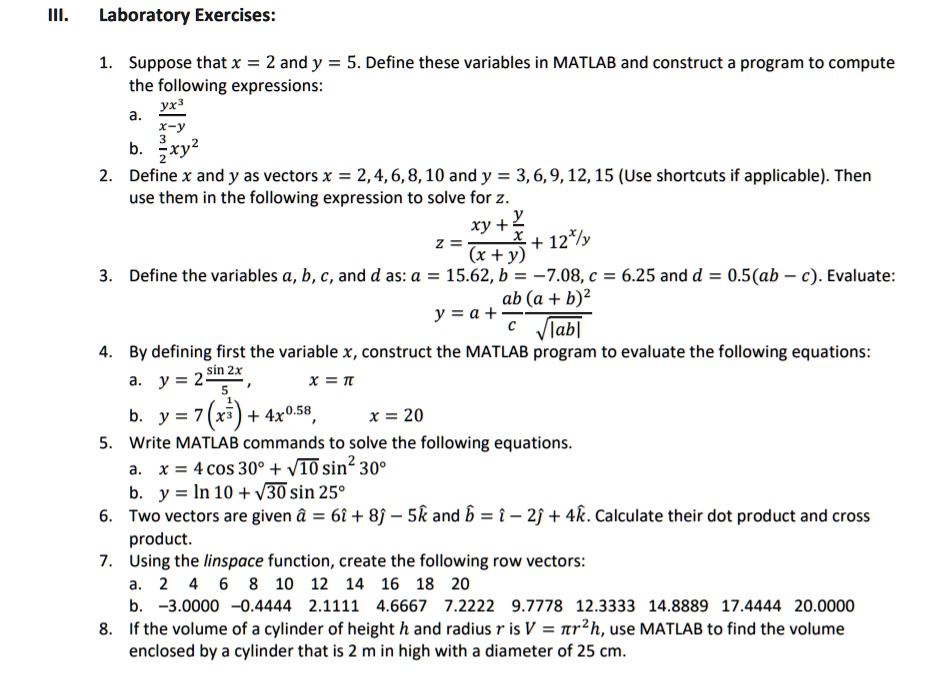 Solved Laboratory Exercises Suppose That X 2 And Y 5 Define These Variables In Matlab And 7674