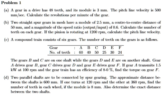 problem 1 a a gear in a drive has 48 teeth and its module is 3 mm the pitch line velocity is 500 mmsec calculate the revolutions per minute of the gear b two straight spur gears in mesh have 43747