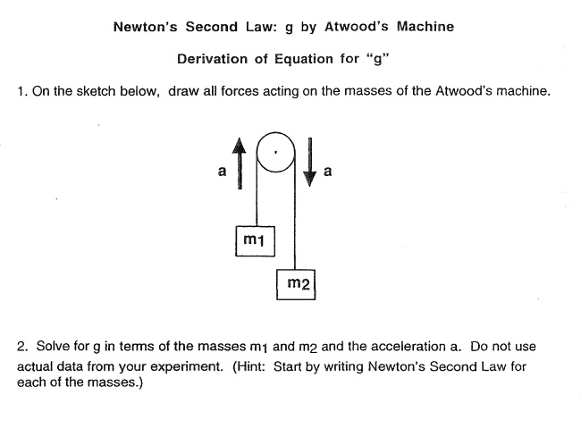 Newton's Second Law: g by Atwood's Machine

Derivation of Equation for "g"

1. On the sketch below, draw all forces acting on the masses of the Atwood's machine.

a a
m1
m2

2. Solve for g in terms of the masses m1 and m2 and the acceleration a. Do not use actual data from your experiment. (Hint: Start by writing Newton's Second Law for each of the masses.)