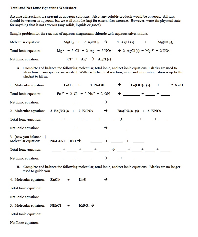 SOLVED: Text: Total and Net Ionic Equations Worksheet Assume all ...