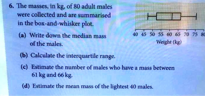 6 the masses in kg of 80 adult males were collected and are summarised ...