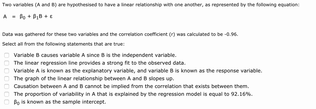 Two Variables (A And B) Are Hypothesized To Have A Linear Relationship ...