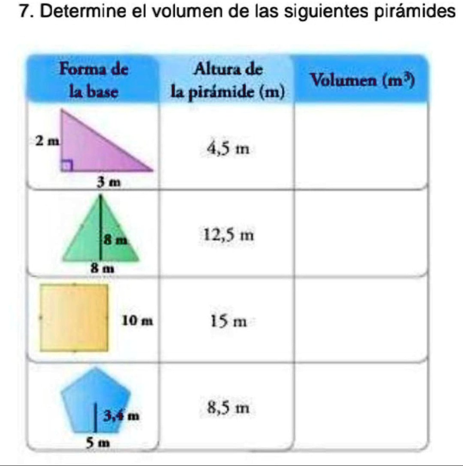 SOLVED: Determine el volumen de las siguientes pirámides 7. Determine ...