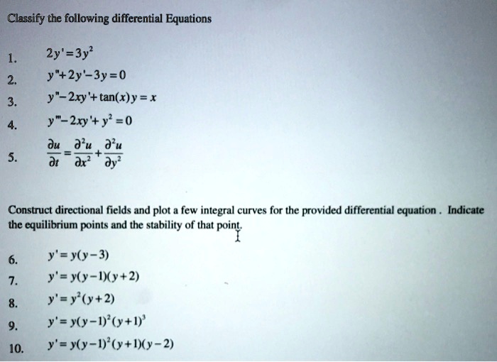 Solved Classify The Following Differential Equations 2y 3y Y 2y 3y 0 Y 2xy Tan X Y X Y Zr Y 0 Du 9 U 9 U Dr Dy Construct Directional Fields And Plot Few Integral Curves For The Provided Differential Equation