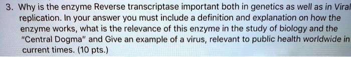 3. Why is the enzyme Reverse transcriptase important both in genetics as well as in Viral replication. In your answer you must include a definition and explanation on how the enzyme works, what is the relevance of this enzyme in the study of biology and the "Central Dogma" and Give an example of a virus, relevant to public health worldwide in current times. (10 pts.)