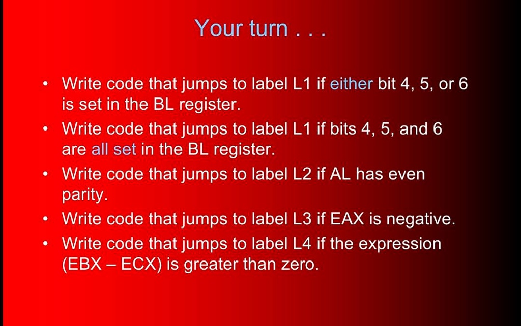 SOLVED: write assembly language code Your turn Write code that jumps to ...