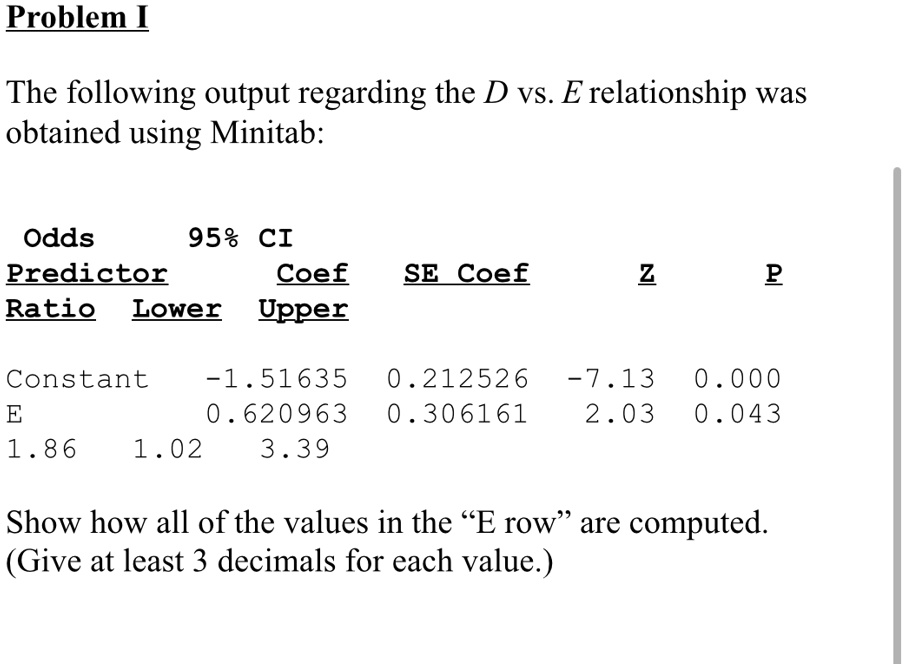 Problem I
The following output regarding the D vs. E relationship was
obtained using Minitab:
Odds
95% CI
Predictor
Coef
SE Coef
Z
P
Ratio Lower Upper
Constant -1.51635 0.212526 -7.13 0.000
E 0.620963 0.306161 2.03 0.043
1.86 1.02 3.39
Show how all of the values in the "E row" are computed.
(Give at least 3 decimals for each value.)