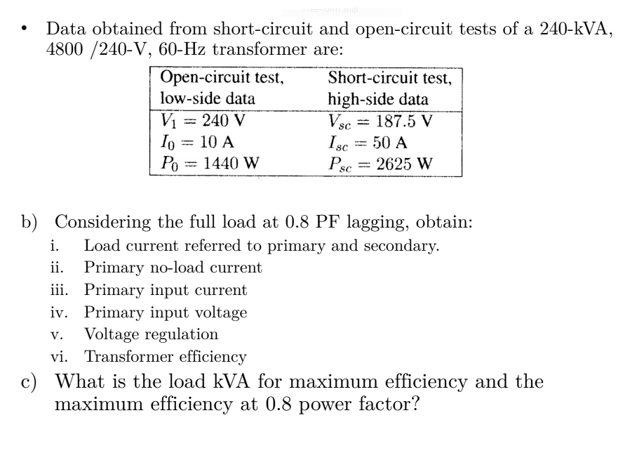 SOLVED Data Obtained From Shortcircuit And Opencircuit Tests Of A 