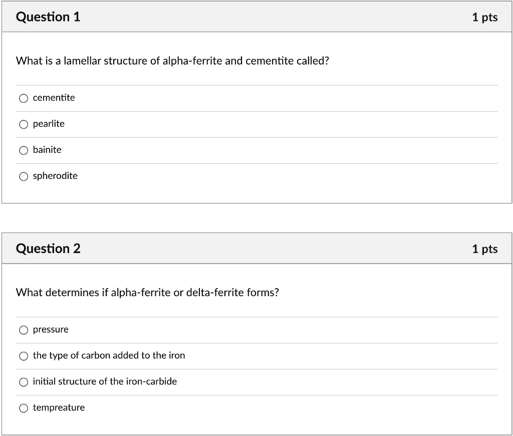 SOLVED Question 1 1 pts What is a lamellar structure of alphaferrite and cementite called