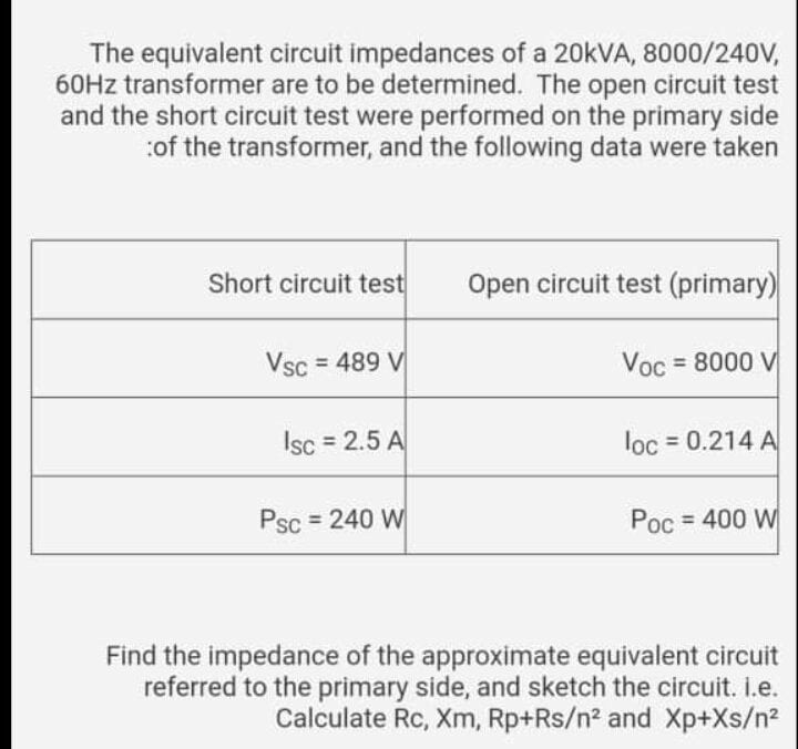 SOLVED The equivalent circuit impedances of a 20 kVA, 8000/240V 60 Hz