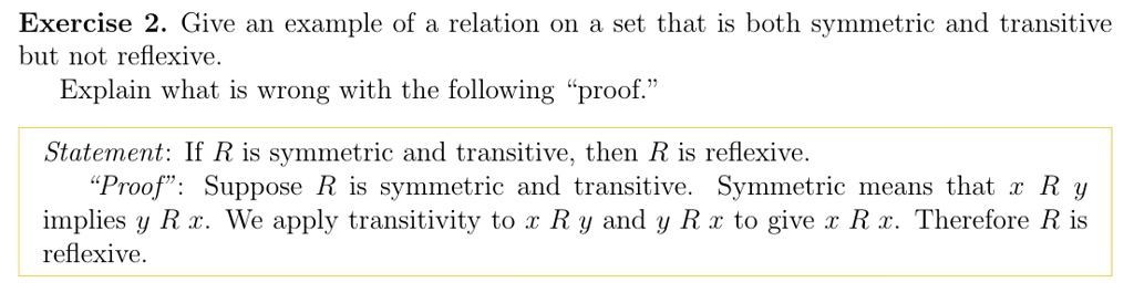 Solved Exercise 2 Give An Example Of A Relation On A Set That Is Both Symmetric And Transitive 1309