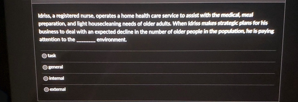 idriss a registered nurse operates a home health care service to assist with the medical meal preparation and light housecleaning needs of older adults when idriss makes strategic plans for  49335