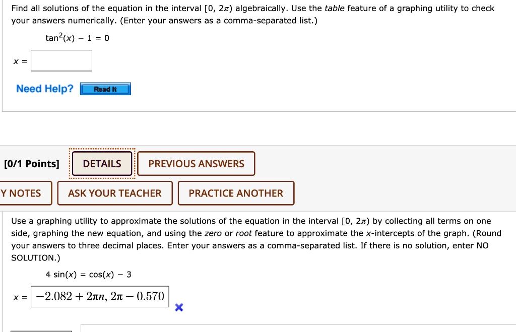 find all solutions of the equation in the interval 0 zx algebraically use the table feature of graphing utility to check your answers numerically enter your answers as a comma separated list 95805
