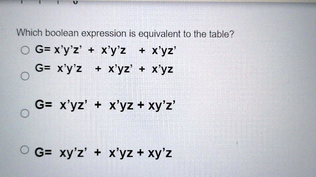 Which boolean expression is equivalent to the table gxyz xyz