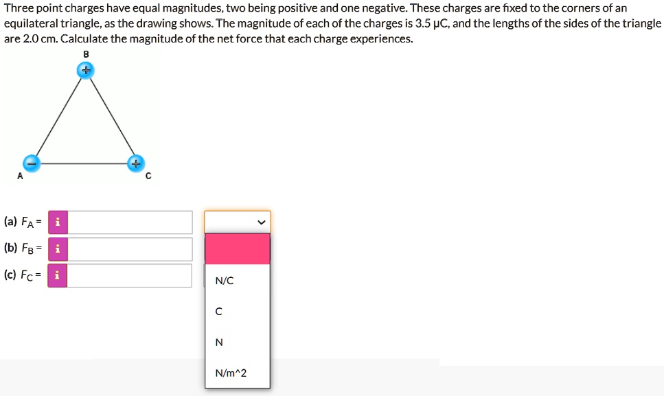 Three point charges have equal magnitudes, two being positive and one ...