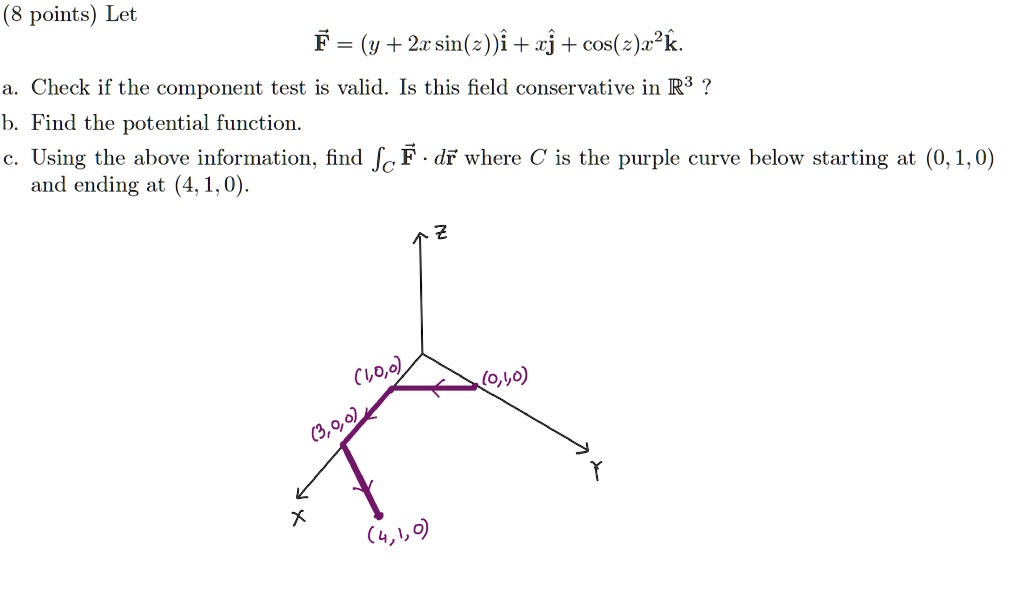 Solved Points Let F Y 2rsin 2 I Xj Cos E R K Check If The Component Test Is Valid Is This Field Conservative In R3 Find The Potential Function Using The Above Information