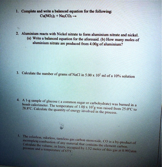 SOLVED Complete and write balanced equation for the following Cu(NOs