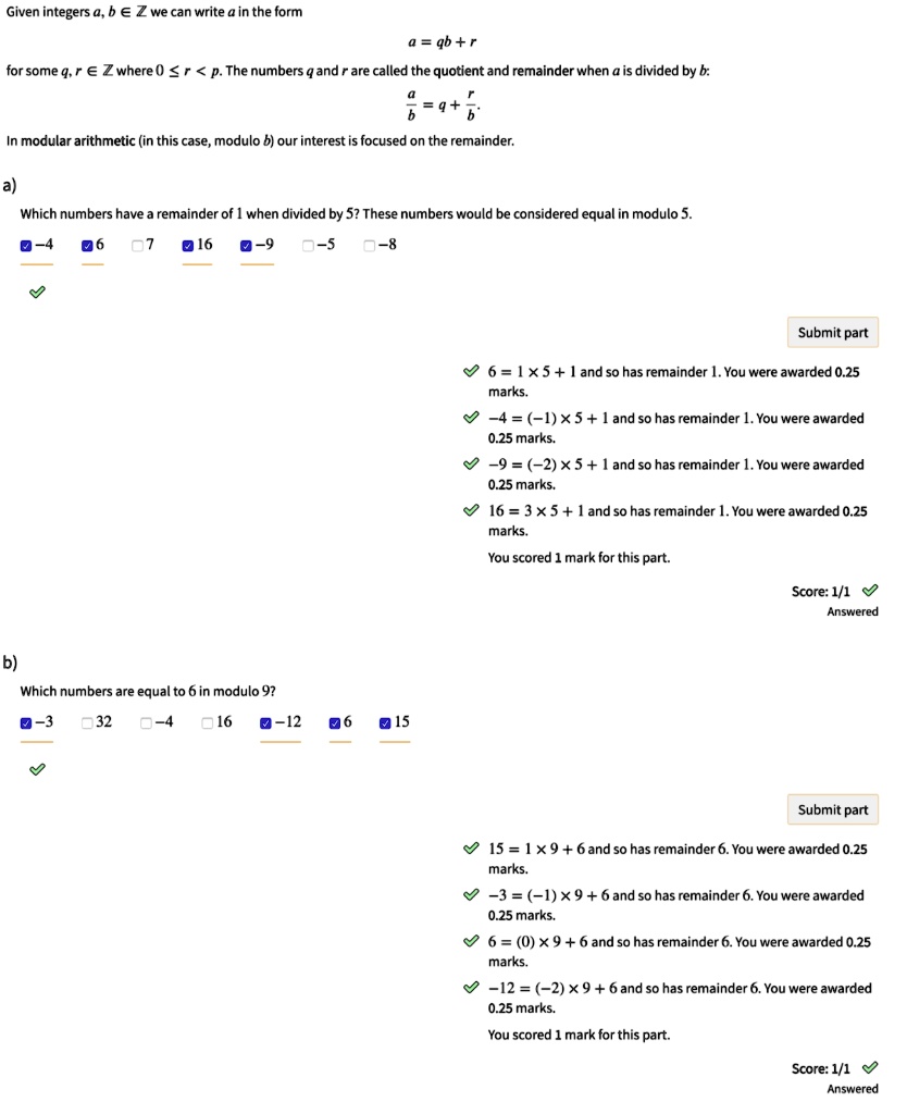 SOLVED: Given integers @,b € Zwe can write in the form qb + for some q,  EZwhere 0 < r < p The numbers and are called the quotient and remainder when