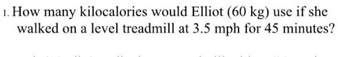 How many kilocalories would Elliot (60 kg) use if she walked on a level treadmill at 3.5 mph for 45 minutes?