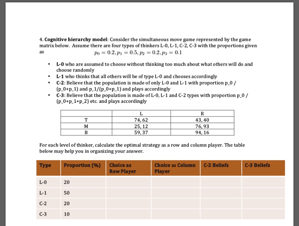 SOLVED:Cognitive hierarchy model: Consider the simultaneous move game ...
