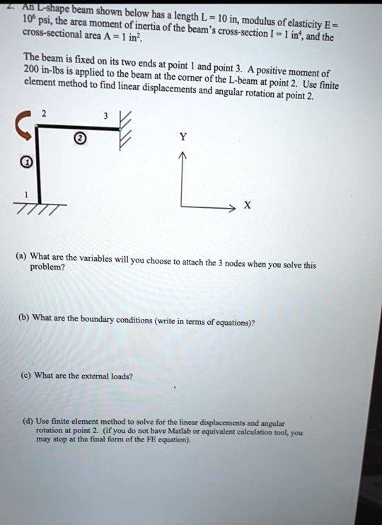 SOLVED: An L-shaped Beam Shown Below Has A Length L = 10 In, Modulus Of ...