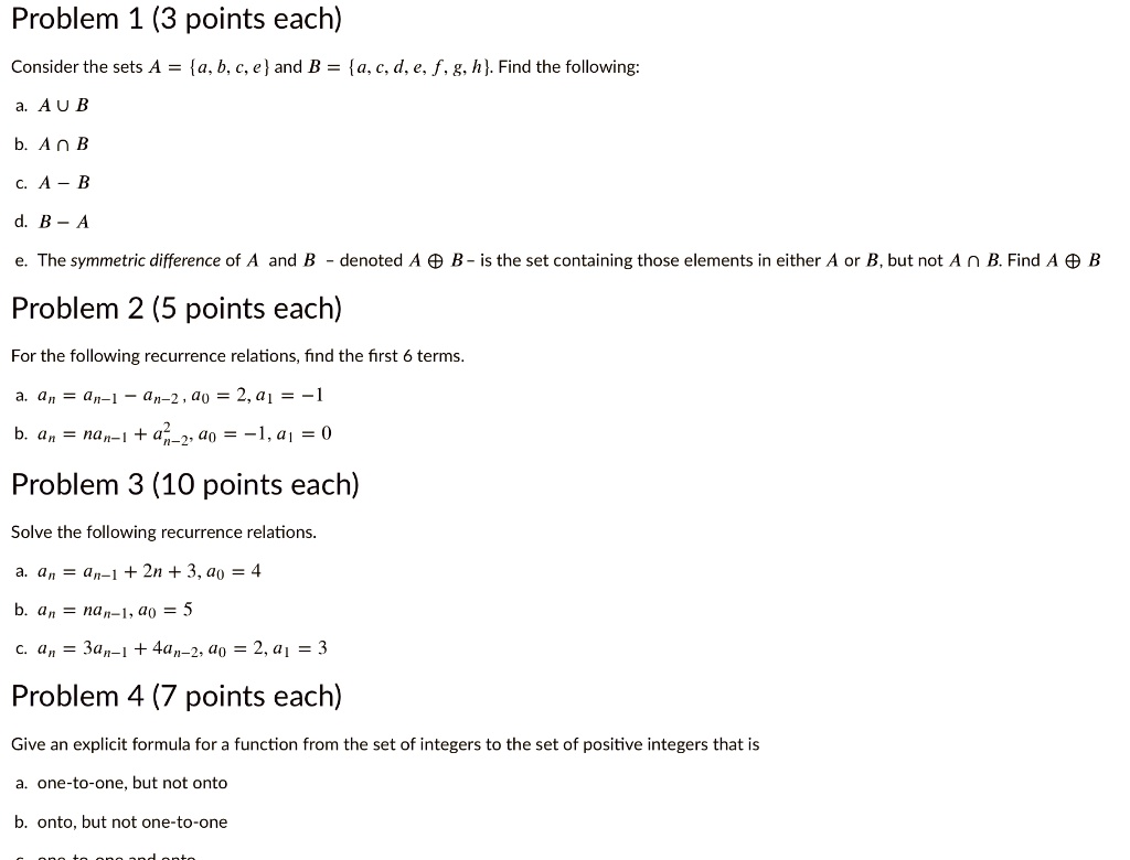 SOLVED: Problem 1 (3 points each) Consider the sets A = a, b, â‚¬, e ...